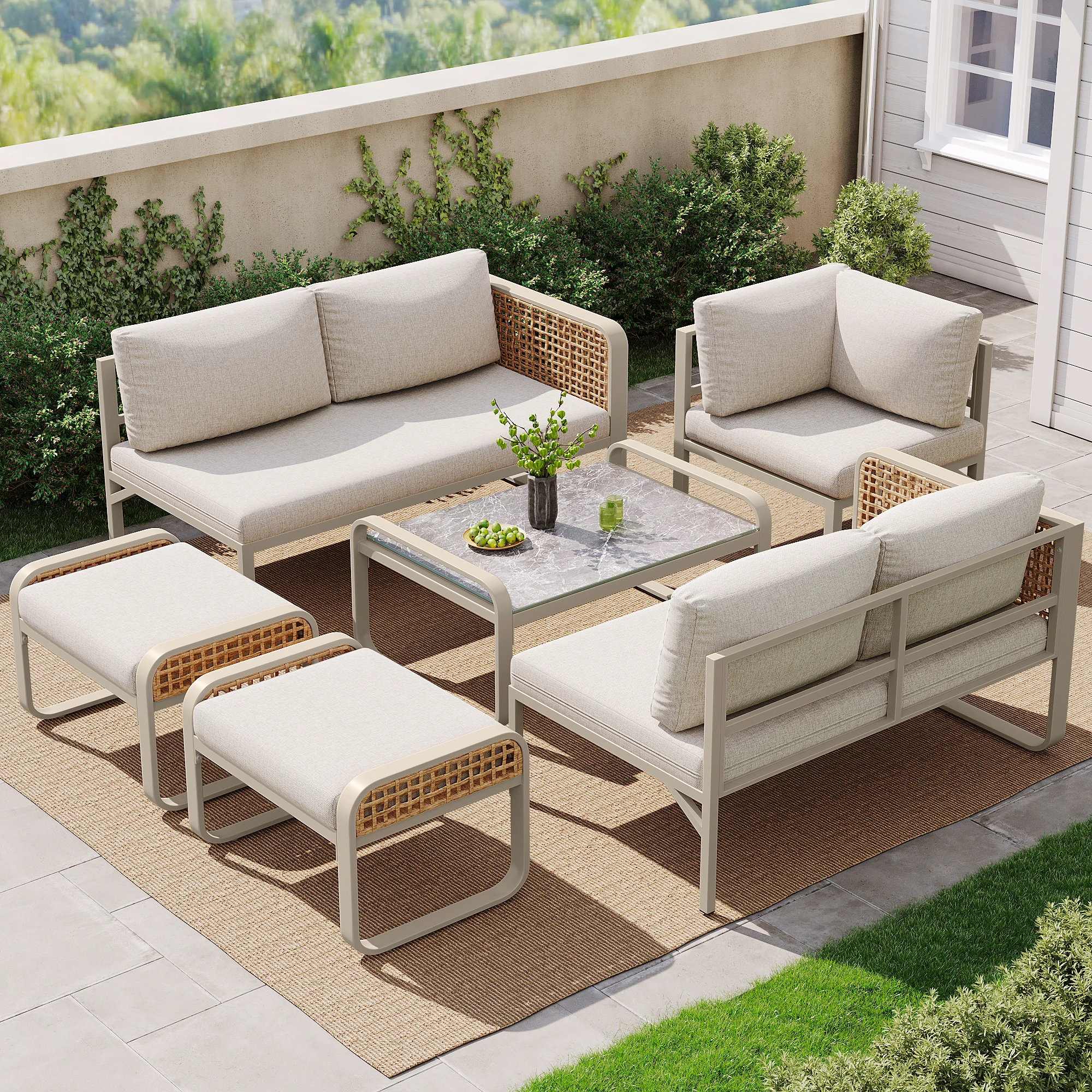 Garten-Lounge-Set, Rattan-Möbel-Set für 6-7 Personen verstellbare Beine, inklusive aller Sitz- und Rückenkissen, grau