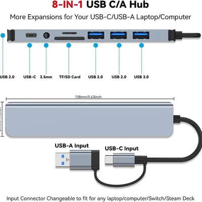 8-in-1-Port-USB-Hub Typ C 2-in-1-Multiport-Adapter-Splitter USB 3.0 für MacBook Air Dell Lenovo Image