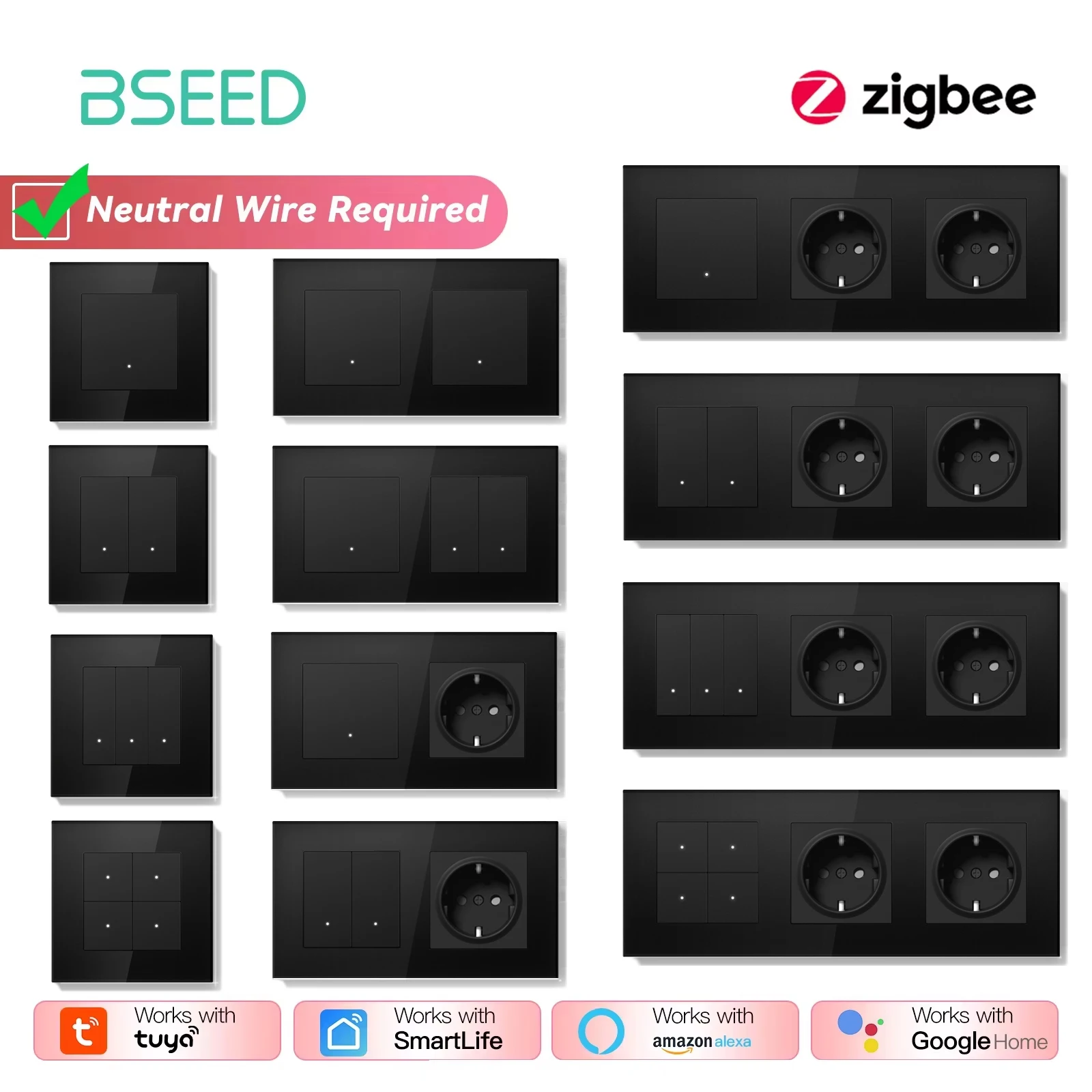 BSEED Zigbee Click Wandschalter Serie Intelligente Lichtschalter Gelbe Hintergrundbeleuchtung Glasrahmen Tuya-Schalter EU-Wandsteckdose USBC-Anschluss Image