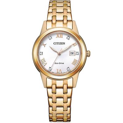 Solaruhr CITIZEN, gold (goldfarben, silberfarben), Armbanduhren, Damen, Armbanduhr, Damenuhr, Datum, Kristallsteine, Edelstahlarmband Image