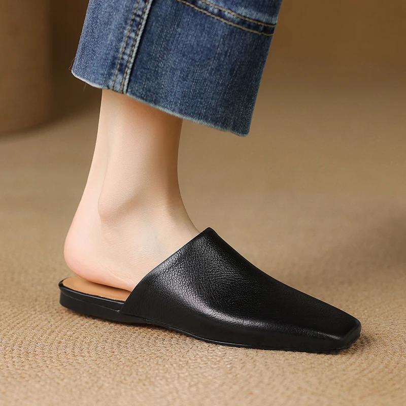 2023 sommer Frauen Schuhe Karree Flache Schuhe Hausschuhe Mode Rindsleder Schuhe für Frauen Casual Maultiere für Frauen Sandalen