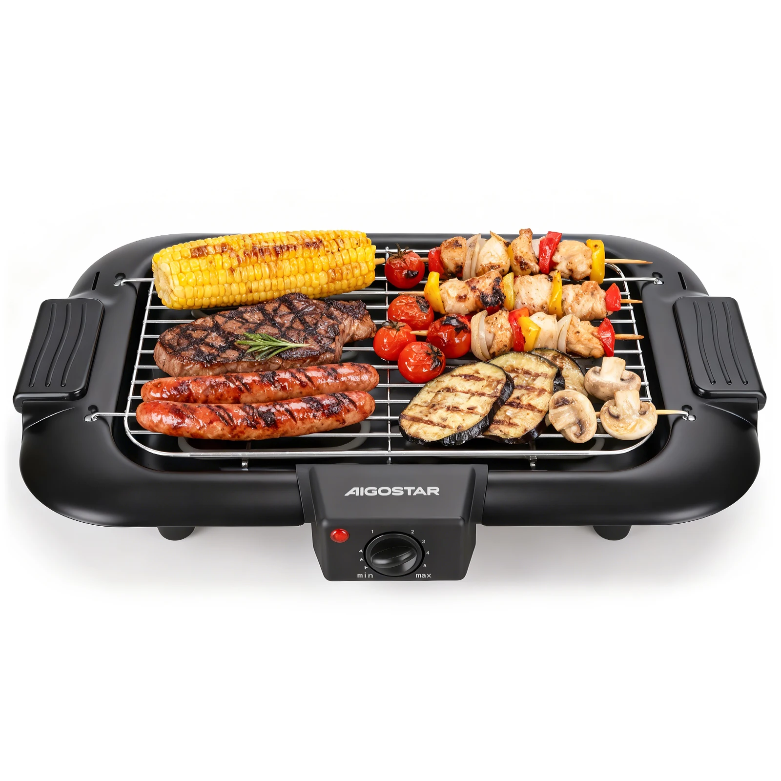 Aigostar Rauchfreier Tischgrill Barbecue Elektrogrill Elektrischer BBQ Grill 2000 Watt Antihaftbeschichtete Grillfläche 36 x 21cm， Abnehmbarer Fettauffangschale， Thermostat， Schwarz Image