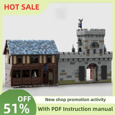 New 2843Pcs Moc European Medieval Street View Gatehouse and Stables Castle Model Diy Creative Ideas Image