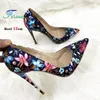 Große Größe 46, elegante High Heels mit rosa und blauen Blumendruck, Party-Bankett-Damenpumps, 8–12