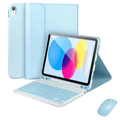 iPad 10th Gen Case with Keyboard Wireless Detachable Folio Keyboard Cover with Mouse Pencil Slot for