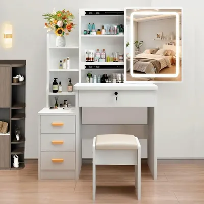 3 Lighting Modes, European Style Dressing Table with Drawers, with Open Storage Shelves,Makeup