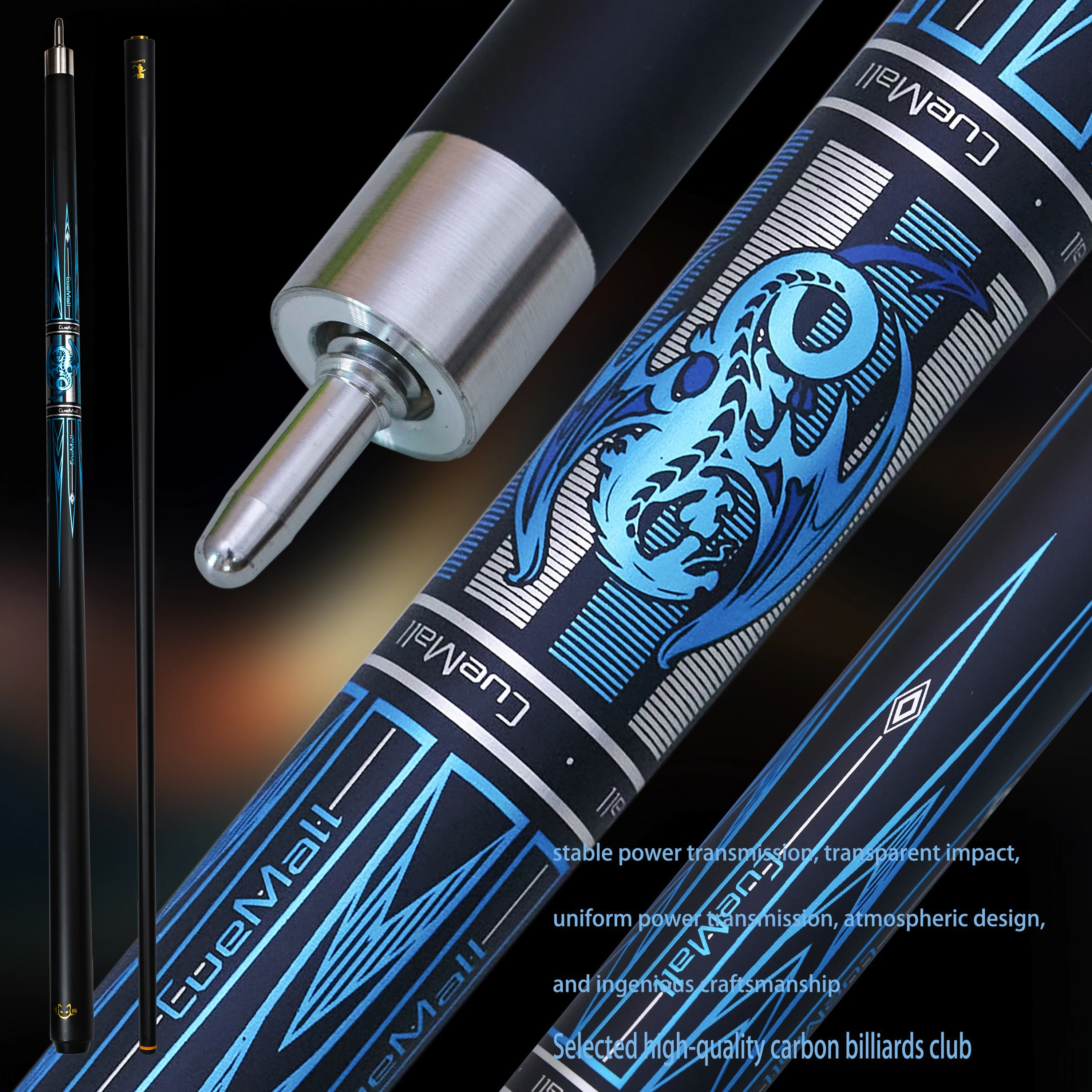 Stecca da biliardo da 58" in fibra di carbonio e acero - Drago blu metallizzato, punta multistrato da 12,5 mm | Attrezzatura da biliardo professionale per i regali per la festa dei genitori