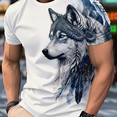TEMU Men's Wolf & Feathers Graphic T-shirt - 100% Polyester Casual Round Neck Tee, Machine Washable Regular Fit For Casual Attire, Machine Washable Top | Stylish Round Neck | Polyester Fiber Shirt Image
