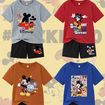 TEMU 8pcs Of And Summer Basic Round Neck T-shirts, Tops And Shorts For Boys With Mouse And Star & Stitch Cartoon Pattern Embossed, Suitable For Daily And Travel All-match Sets, For Outdoor Image