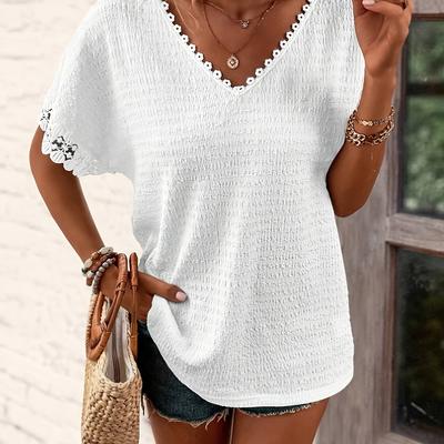 TEMU Women's Elegant V-neck Lace Trim T-shirt - Semi-sheer, Eyelet Embroidery Detail, Polyester Blend, Spring/summer Casual Wear, Stylish Outdoor Attire | Lace Trim Top | Spandex Fit Image