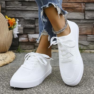 TEMU Women's Plus Size Knit Lace-up Sneakers - Breathable Mesh White Casual Shoes With Rubber Sole, Lightweight Low- For Casual Attire, Everyday Footwear | Breathable Shoes | Knit Fabric Upper Image