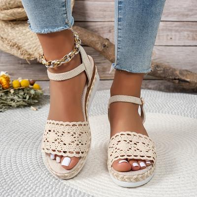 TEMU Women's Casual Summer Wedge Sandals - Open Toe, Braided Design With Cut-out Patterns, Ankle Strap, Thick Rubber Sole, Beige Fabric Upper, Outdoor Relaxation, Ladies Sandals Image
