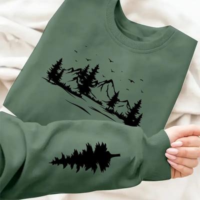 TEMU Women's Dark Tree & Mountain Landscape Graphic Print Crew Neck Sweatshirt - Long Sleeve Pullover For All , Machine Washable, Comfy Sweatshirt, Apparel, Durable Fabric Image