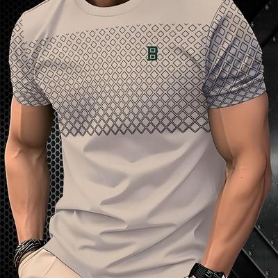 "TEMU Men's Casual Summer T-shirt - Light Beige With Geometric Diamond Print, "b" Logo, Short Sleeve, Round Neck, Regular Fit, Outdoor Clothing, Outdoor Casual Wear | |" Image