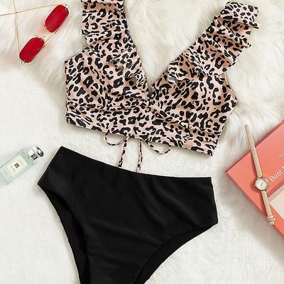 TEMU [1pc Leopard Print Sexy Bikini Set] Yiyunqing Women's Fashion Lace-up Leopard Print Sexy Bikini Set, Polyamide And Elastane High Stretch Knit Fabric, With Ruffle Detail Image