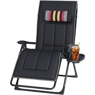 TEMU Garden Deck Chair Foldable, Breathable Sun Lounger, Chair, Garden Lounger Including Neck Pillow & Cup Holder, Adjustable Backrest, Sun Lounger Load Capacity 150kg, For Patio, Black Image