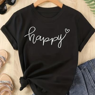 "TEMU Women's "happy" Graphic Tee - Casual Black Short Sleeve Crew Neck T-shirt With , , Casual Attire Tee | Print Top | , Ladies T Shirts" Image