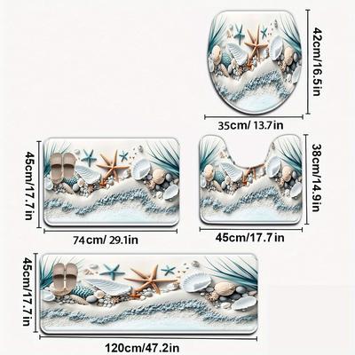 TEMU Open 3pcs/4pcs Starfish Beach Series Pattern Bathroom Mat Set Toilet Seat Ring U-shaped Foot Pad Image
