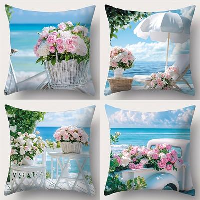 "TEMU 4pcs Summer Pillow Covers, 17.72" X 17.72", Pink And White Floral Beach Scene, Zippered Polyester Cushion Cases For Sofa, Car, Bedroom Decor - Machine Washable, No Insert, Beach Theme Deco" Image