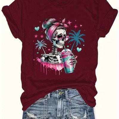 TEMU 1pc Women's 2024 New Arrival Casual Crew Neck T-shirt, Polyester Knit Fabric, Regular Length, Alphabet Pattern, Image