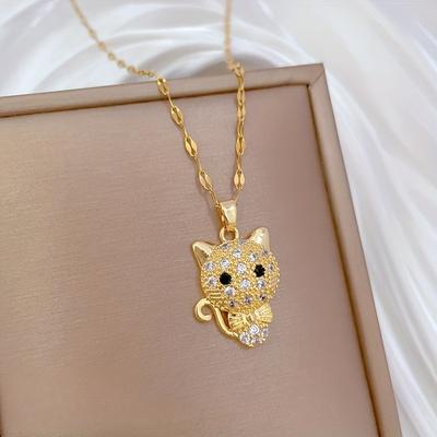 TEMU Elegant Golden-tone Stainless Steel Necklace With Sparkling Cubic Zirconia Cat Pendant - Cute Bow Detail, Perfect Fashion Accessory For Women Image