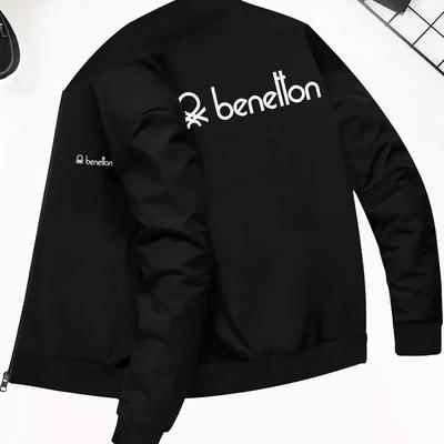 TEMU Men's Slim Fit Casual Jacket With Benelion Print, Navy Blue Lightweight Zip-up Stand Collar, Machine Washable Autumn Winter Outerwear For Casual Attire Image