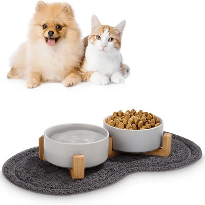 TEMU Ceramic Feeding Bowl For Dogs And Cats With Bamboo Stand And Non-slip Mat (400 Ml, 2-grey) Image