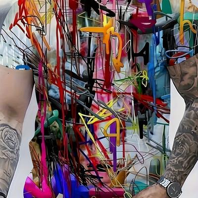 TEMU Men's Plus Size Vibrant Abstract Print T-shirt, Short Sleeve Crew Neck, Quick-dry & Machine Washable, In Pink, Blue, Red & More, Perfect Gift For Men, Plus Size Image
