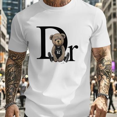 "TEMU Men's Navy Blue Graphic Tee With "dr" Teddy Bear Print - Casual Short Sleeve Crewneck T-shirt For Casual Attire" Image