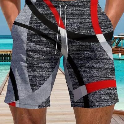 TEMU Travel, Men's Lightweight Drawstring Beach Shorts - Casual Quick-dry Swimwear With Geometric Pattern, Ideal For Summer Vacations And Surfing, Vacation Apparel|casual Beachwear|lightweight Fabric Image