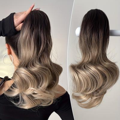 TEMU 16 Inch Body Wave Clip-in Ponytail Extensions - Soft Looking Synthetic Hairpiece With Claw Clip For , Natural Waves, Options (brown/red/blonde/black) - Unisex & All , Hair Clip Image