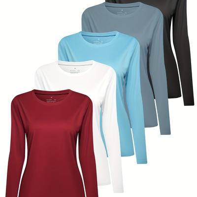 TEMU 5-pack Hoplynn Women's Long Sleeve Crew Neck T-shirts - Breathable Quick Tops For Fitness, Tennis, Basketball, Outdoor Workout - Solid Color, Non-stretch Knit Polyester, 140gsm Image