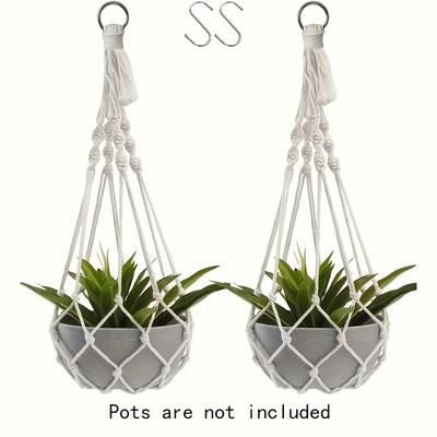 TEMU 2pcs Bohemian Hand-woven Flower Pot Net Hangers - Black & White Macramé Plant Holders With Metal Hooks For Indoor/outdoor Home & Garden Decor, For Stylish Plant Display Image