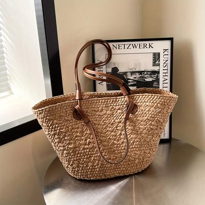 TEMU Large Capacity Women's Woven Shoulder Bag - Stylish Beige Fabric Tote With Fixed Strap, Beach Vacations & Casual , Handbag Image