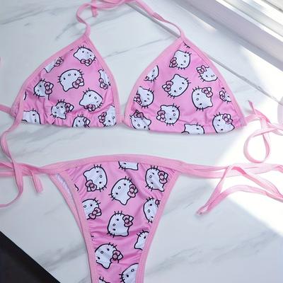 TEMU Fashion Trendy Clothes Cute For Hello Kitty Pink Bikini Small Chest Gathering Vacation Tie Image