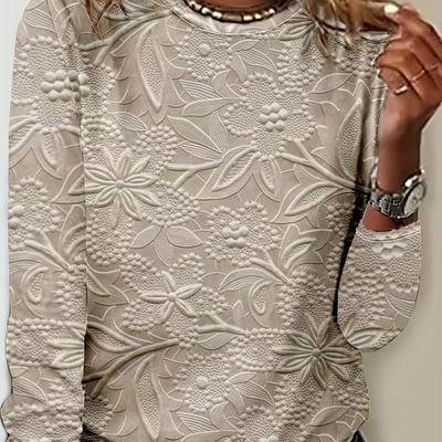 TEMU Women's Floral Print Long Sleeve T-shirt - Casual Round Neck Top For Spring/fall, Beige Floral Pattern, Polyester Fabric, Lightweight & Breathable, Casual Attire, Floral Print Blous Image