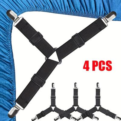TEMU 4pcs Adjustable Triangle Bed Sheet Fasteners - Elastic Nylon, Durable, Anti-slip, Black, For Sofa & Tablecloths Image