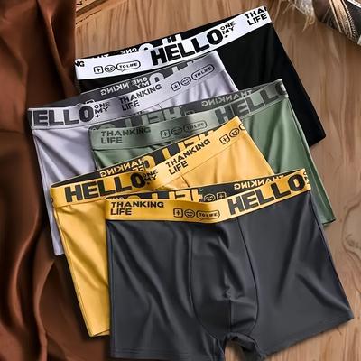 TEMU 5pcs Men's 'hello' Boxer Briefs - Breathable, Comfortable Underwear Assorted Colors (black, White, Gray, Yellow) With Stretch Fabric For Casual Attire, Modern Underwear | Breathable Fabric Image
