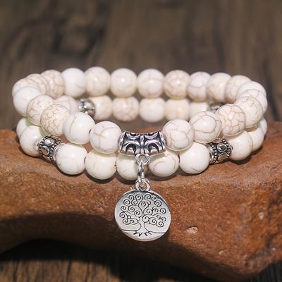 TEMU 1 Set High Quality Natural 8mm Howlite Bracelet - Handmade, Vintage Boho Style With Intricate Silver-tone Charm, Or Image