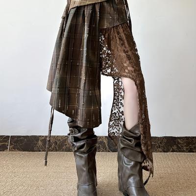 TEMU Vintage-inspired Irregular & Lace Mini Skirt - Brown & Beige Design, Waistband, Fashion, Casual To Formal Wear, Casual Fashion | Vintageinspired Skirt | Waistband, Mini Skirt Image