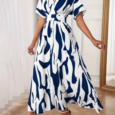 TEMU Women's Navy & White Abstract Print Neck A-line Dress - Lightweight Semi-sheer Smocked Waist Summer Dress For Spring/summer, Hand Wash Only, Dresses For Summer Image