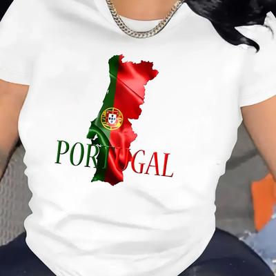 TEMU Women's Casual Sport T-shirt, Round Neck, Short Sleeve, Portuguese Print, Women's Casual Activewear Image