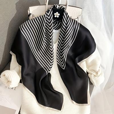 TEMU 35.4-inch Simple Striped Shawl Black And White Satin Square Scarf Elegant Headscarf Turban Classic Travel Beach Towel Image