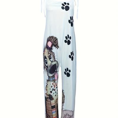 TEMU Women's Animal Print Jumpsuit With Adjustable Straps - White & Pattern, Mid--washable Casual Lounge Wear, Ladies Jumpsuits Image