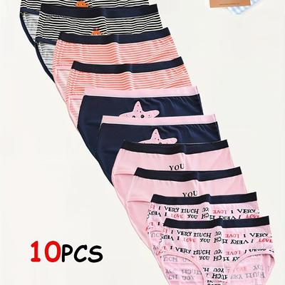 TEMU 10pcs Set Of Striped Print Underpants For Girls, Mid-waist Briefs For Teenagers, Cute And Sweet Seamless Panties Image