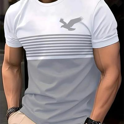 TEMU Men's Vintage Crew Neck Short Sleeve Polyester T-shirt, 3d Eagle Pattern, Asymmetrical, Stretch, Regular Fit, 110g/m², With Outdoor Sports Casual Summer Striped Image