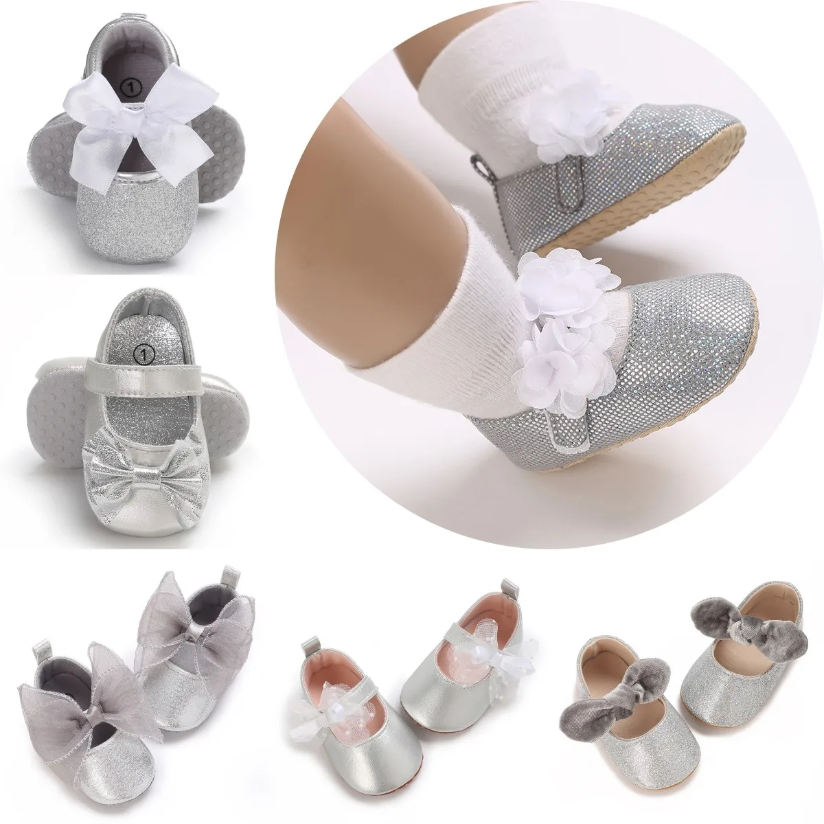 Nette Silber Baby Mädchen Schuhe Bogen Prinzessin Schuhe PU Anti-slip Weiche Sohle Infant Erste Wanderer Neugeborenen Krippe Baby schuhe