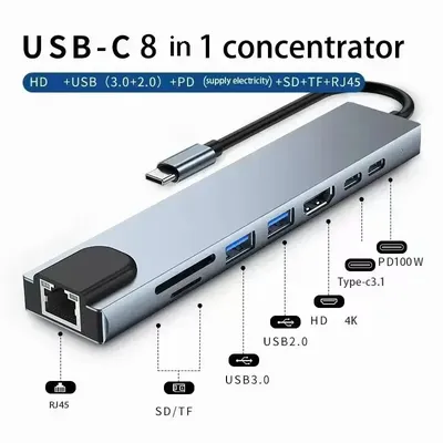 USB Acht in einem Typ C auf HDTV Hub Adapter mit Sd Tf Rj Forty Five Kartenleser für MacBook Image