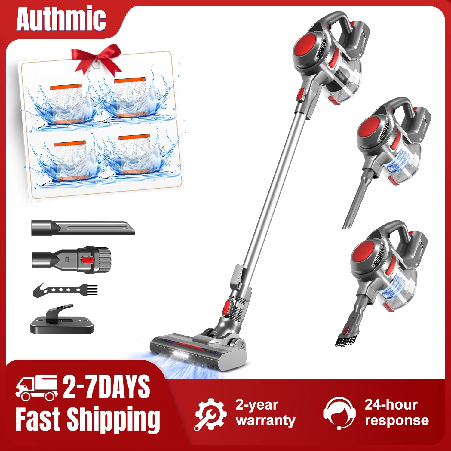 AUTHMIC Akku-Staubsauger, leistungsstarke Saugleistung, 55 Minuten Laufzeit, Anti-Tangle-Bürste, 5-lagiges HEPA, leise Reinigung für Tierhaare Image