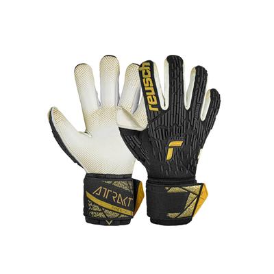 Torwarthandschuhe REUSCH "Attrakt Freegel Gold X GluePrint", Damen, Gr. 12, gold (schwarz, goldfarben), 50% Elastodien, 20% Polyester, 20% Polypropylen, 10% Polyamid, mehrfarbig, sportlich, Handschuhe, Finger Support mit Evolution Negative Cut